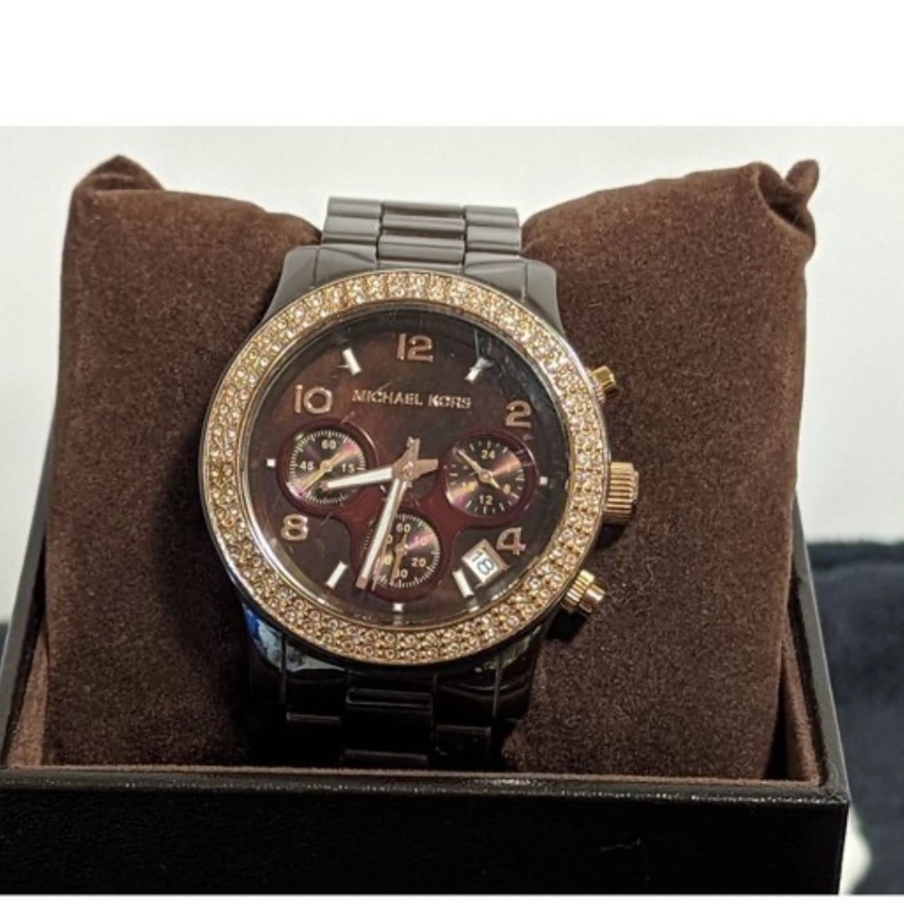 Michael Kors Brown Gold Watch Crystal Bezel Chronograph
